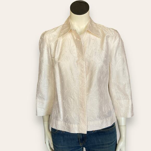 Pearlescent White/ Pink Business Causal Silk Embroidered Button Up Shirt Small - Picture 1 of 8